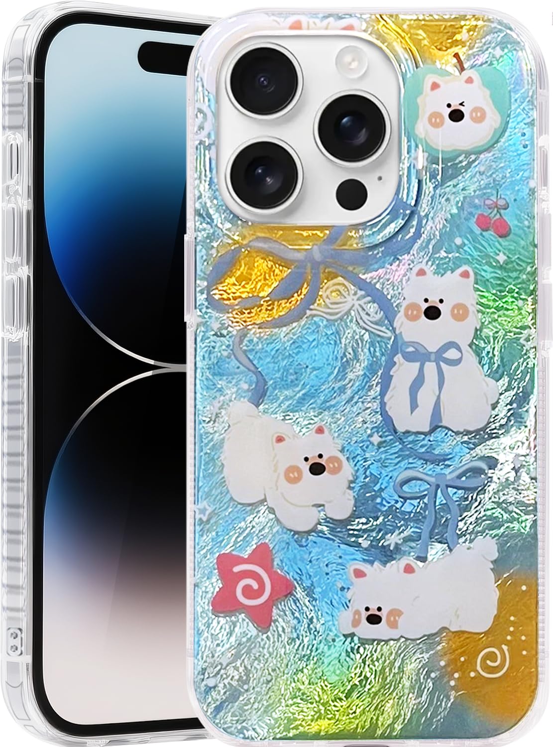 Compatible with iPhone 17 Case,with [Soft Slim][Camera Protection] Cute Fishing Cats Shiny Aesthetic Phone Cover Anti-Yellowing Shockproof Protective Cover for Women Girl