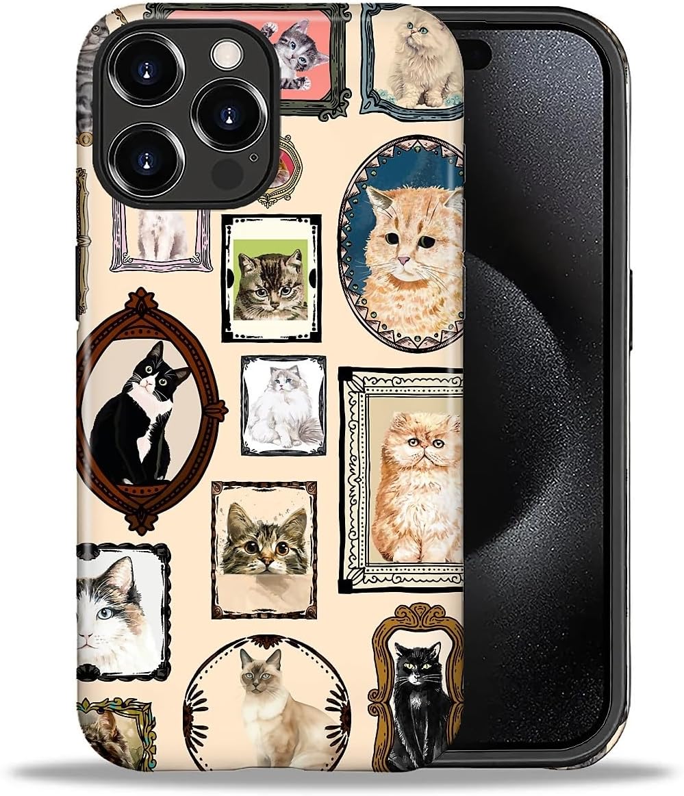 CARLOCA Case for iPhone 16 Pro,Vintage Cat Animal Pet Lover Collage Design Hybrid Dual Protection Soft TPU + Hard PC, Shockproof & Anti-Scratch Cover Men Women Stylish Protective Phone Case