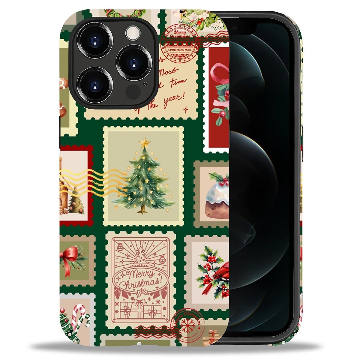 Case for iPhone 17,Drop Protection Hybrid 2-Layer Hard Phone Cover-Vintage Christmas Stamps Collage