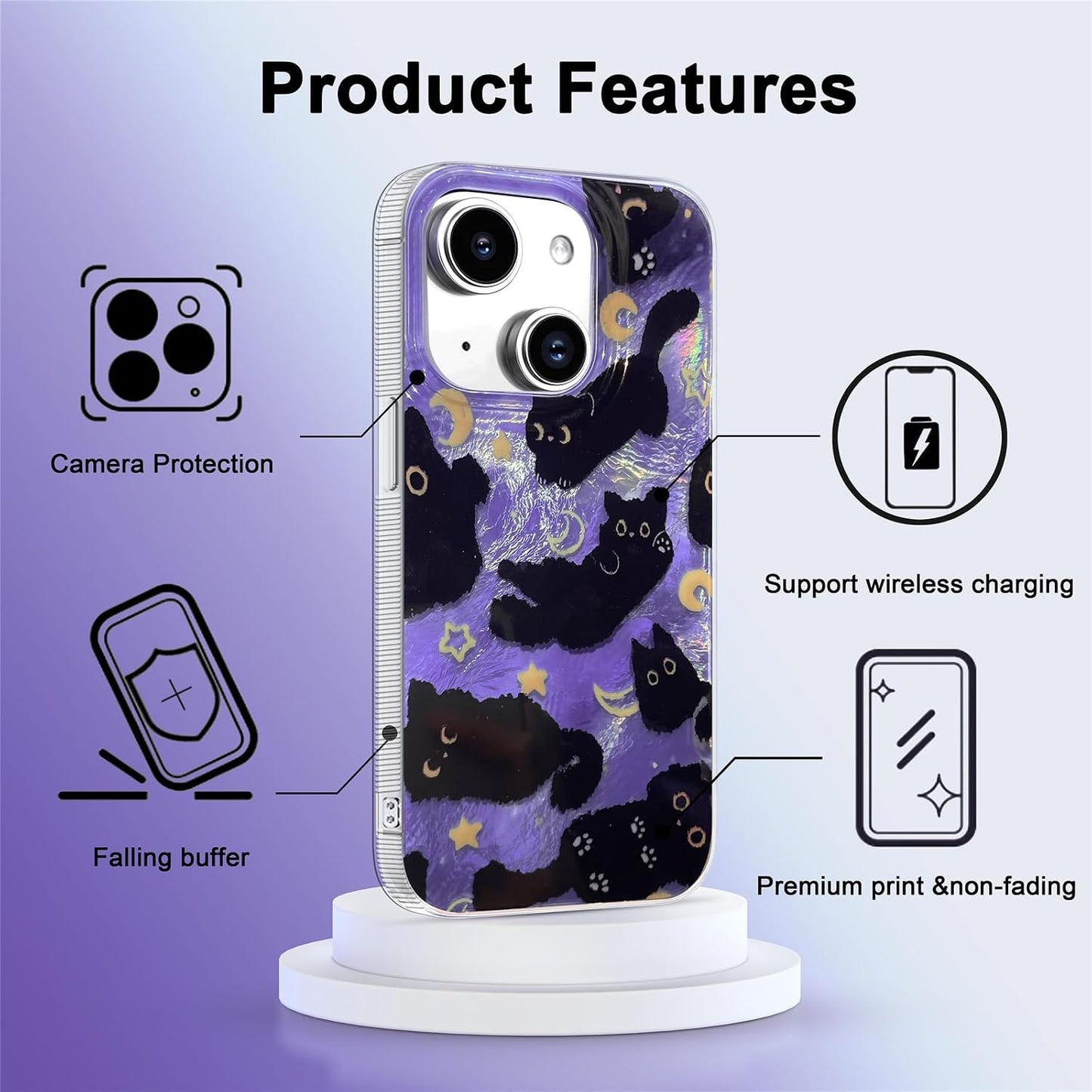 for iPhone 13 Case & iPhone 14 Case Shiny black cat-Purple Design,Cute trendy Soft Slim TPU Shockproof Protective Bumper adorable Phone Cases Cover for Women Girls Aesthetic,iphone 14/13 6.1"