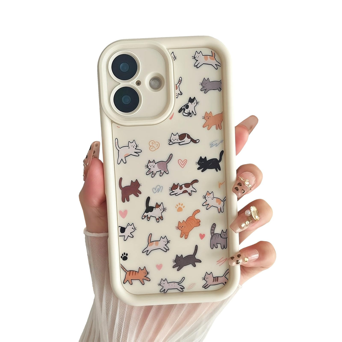 for iPhone 13 Phone Case, Cute 3D Cat Ears and Vintage Hand-Drawn Multi-Cats Heart Cartoon Pattern, with Cat Paw Buttons, Trendy Shockproof Soft Protective Phone Cover, Cat Ears