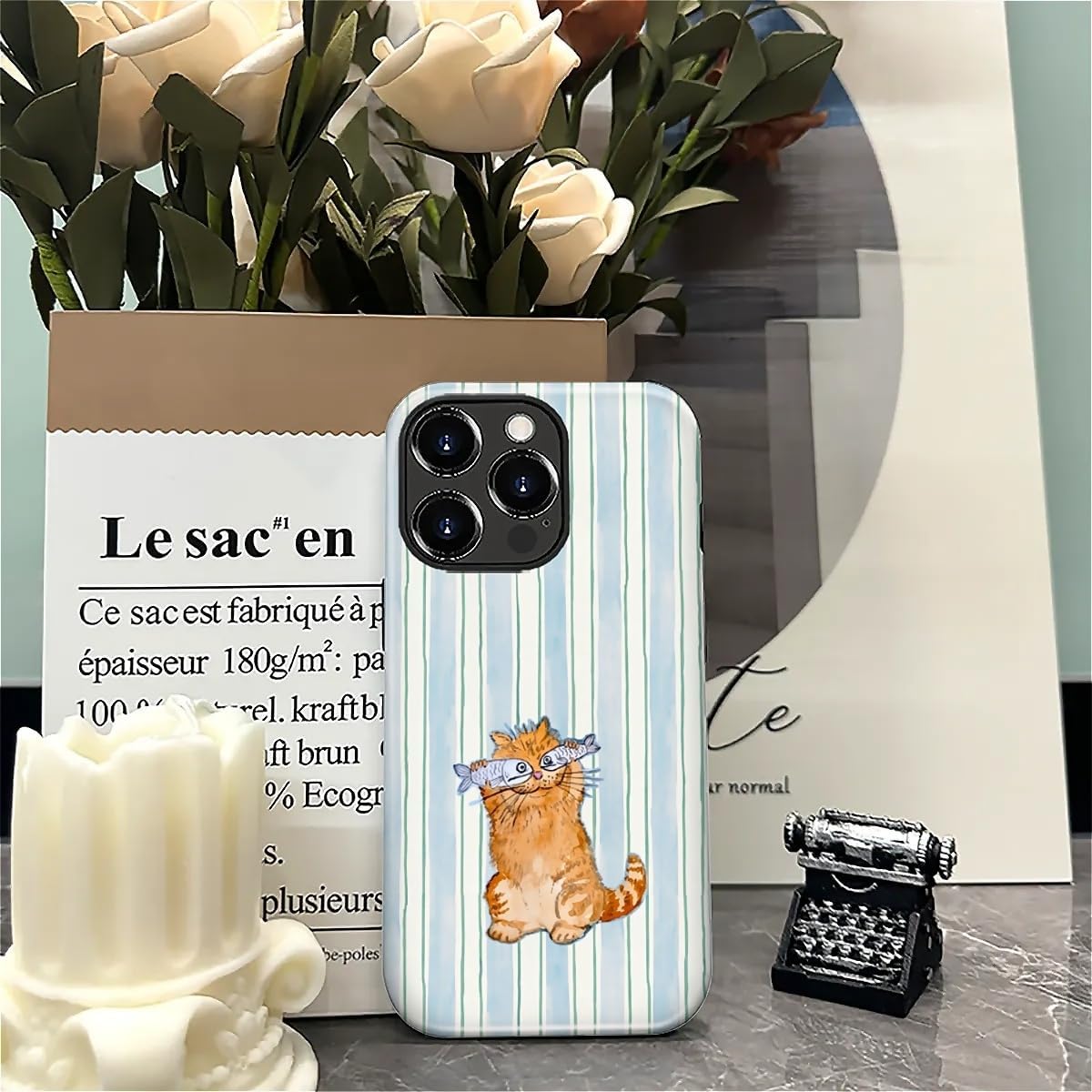 for iPhone 15 Pro Case,Hybrid 2-Layer Hard Shell + Silicone Protective Case -Resistant Shockproof- A Naughty Cat with Blue Stripes Eating Fish