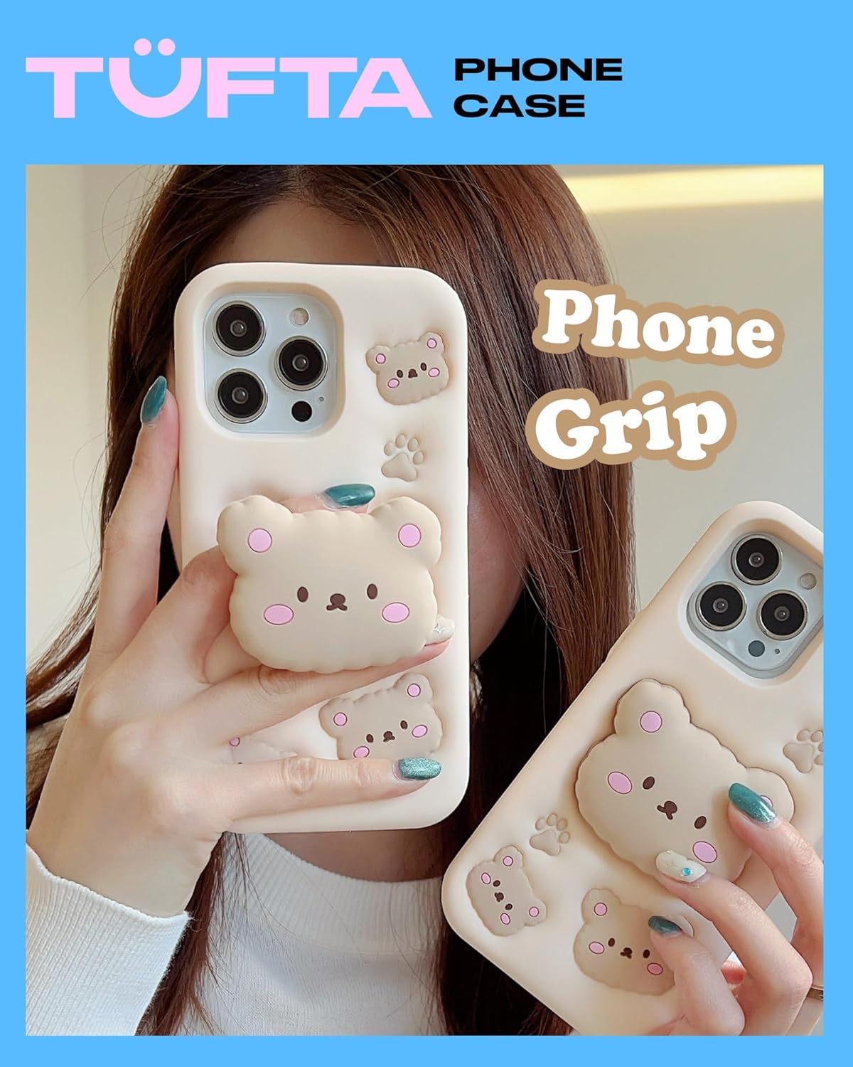 for iPhone 17 Case, Kawaii Teddy Bear Pop-Up Grip for Girls | Makes Mirror Selfies Sweeter, Cute Girly 3D Animal Style with Stand, Soft Silicone Drop Protection