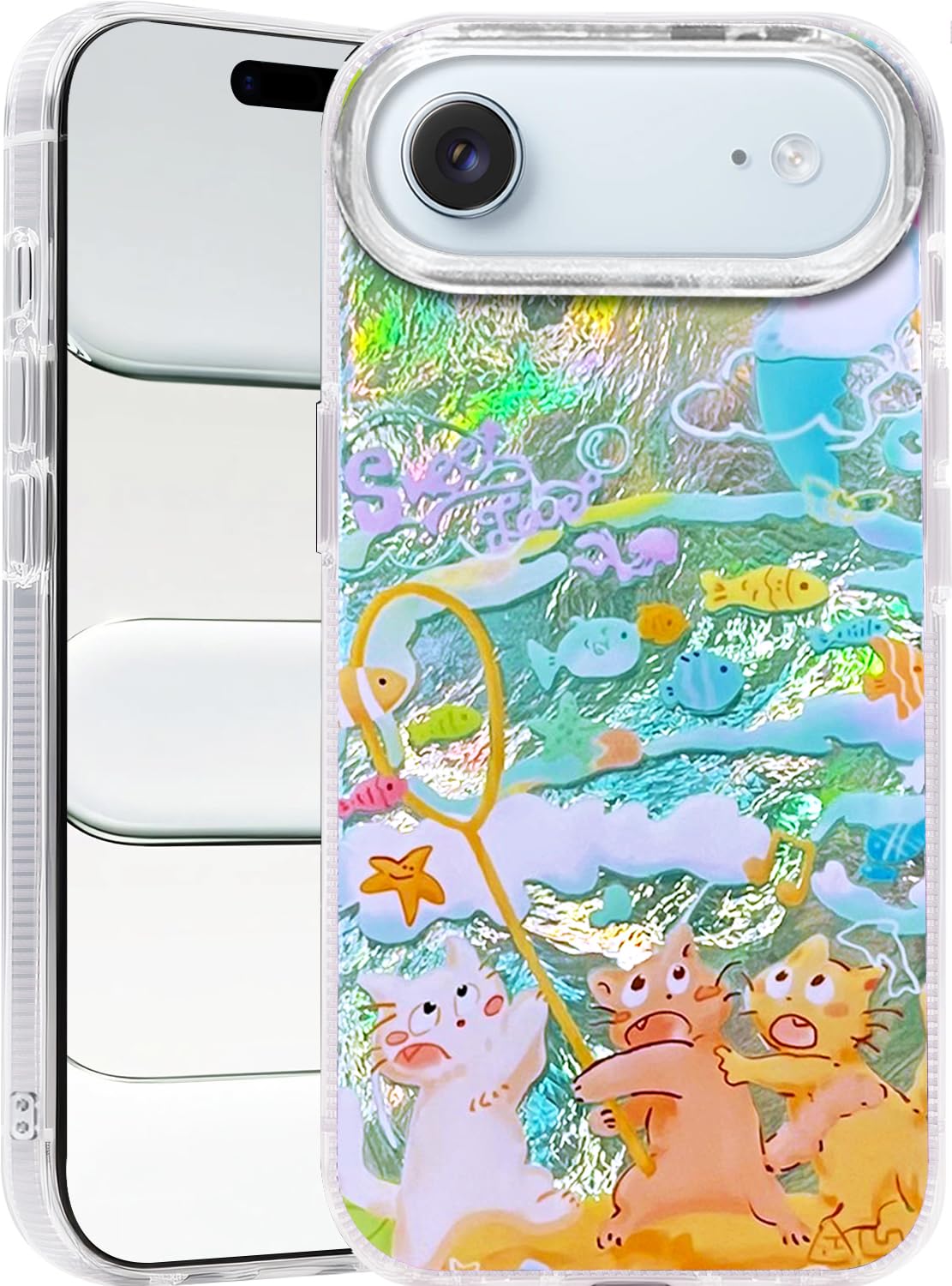 Compatible with iPhone 17 Case,with [Soft Slim][Camera Protection] Cute Fishing Cats Shiny Aesthetic Phone Cover Anti-Yellowing Shockproof Protective Cover for Women Girl