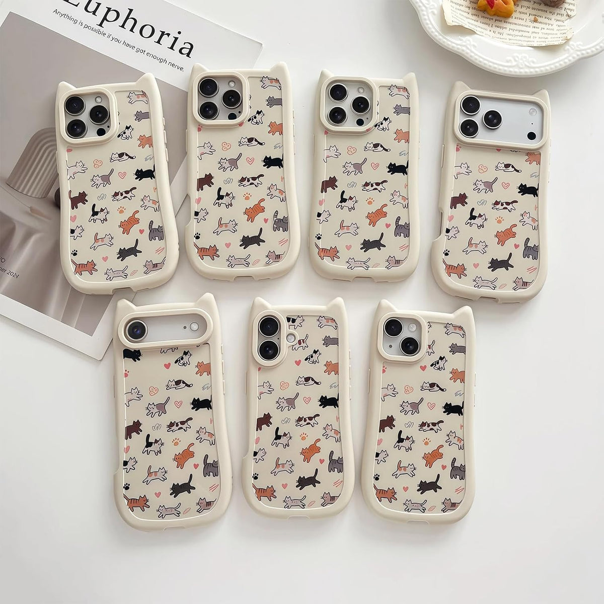 for iPhone 13 Phone Case, Cute 3D Cat Ears and Vintage Hand-Drawn Multi-Cats Heart Cartoon Pattern, with Cat Paw Buttons, Trendy Shockproof Soft Protective Phone Cover, Cat Ears