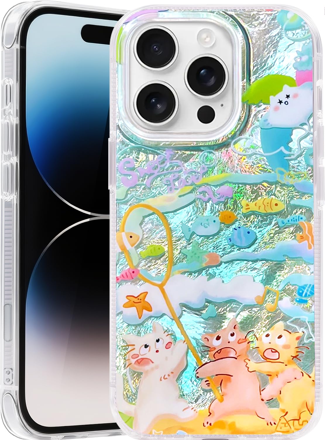 Compatible with iPhone 17 Pro Case,with [Soft Slim][Camera Protection] Cute Fishing Cats Shiny Aesthetic Phone Cover Anti-Yellowing Shockproof Protective Cover for Women Girl