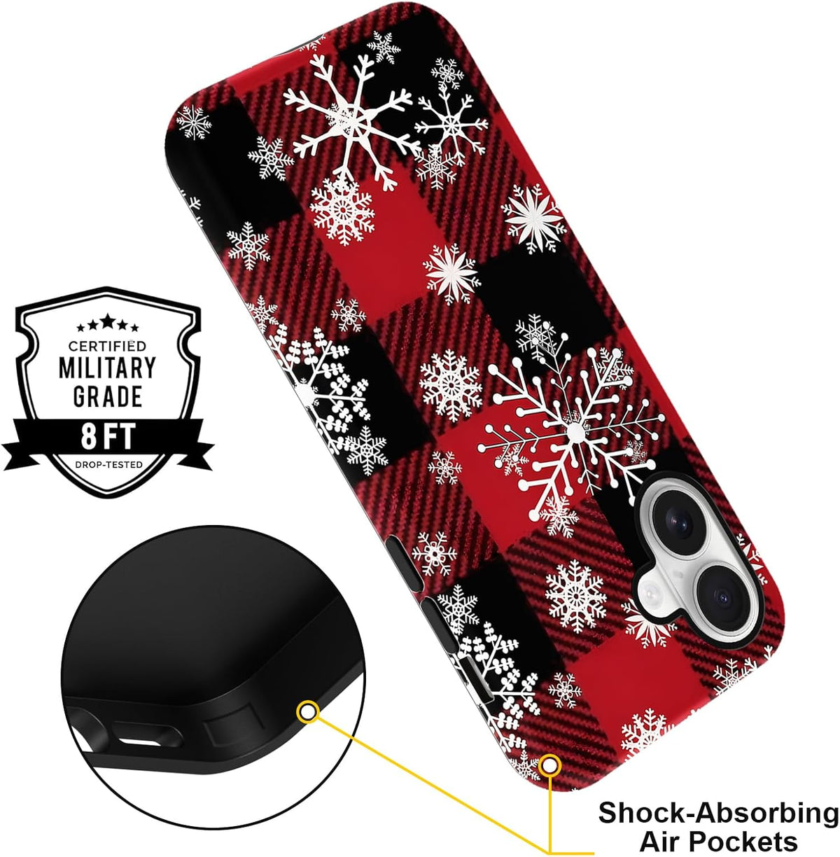 Merry Christmas Phone Case for iPhone 16 6.1", Cute Xmas Case with Snowflake Gingham Plaid Pattern Design 2-in-1 Matte Cover Shockproof Slim Soft TPU Hard PC Protection Girls Women Funda