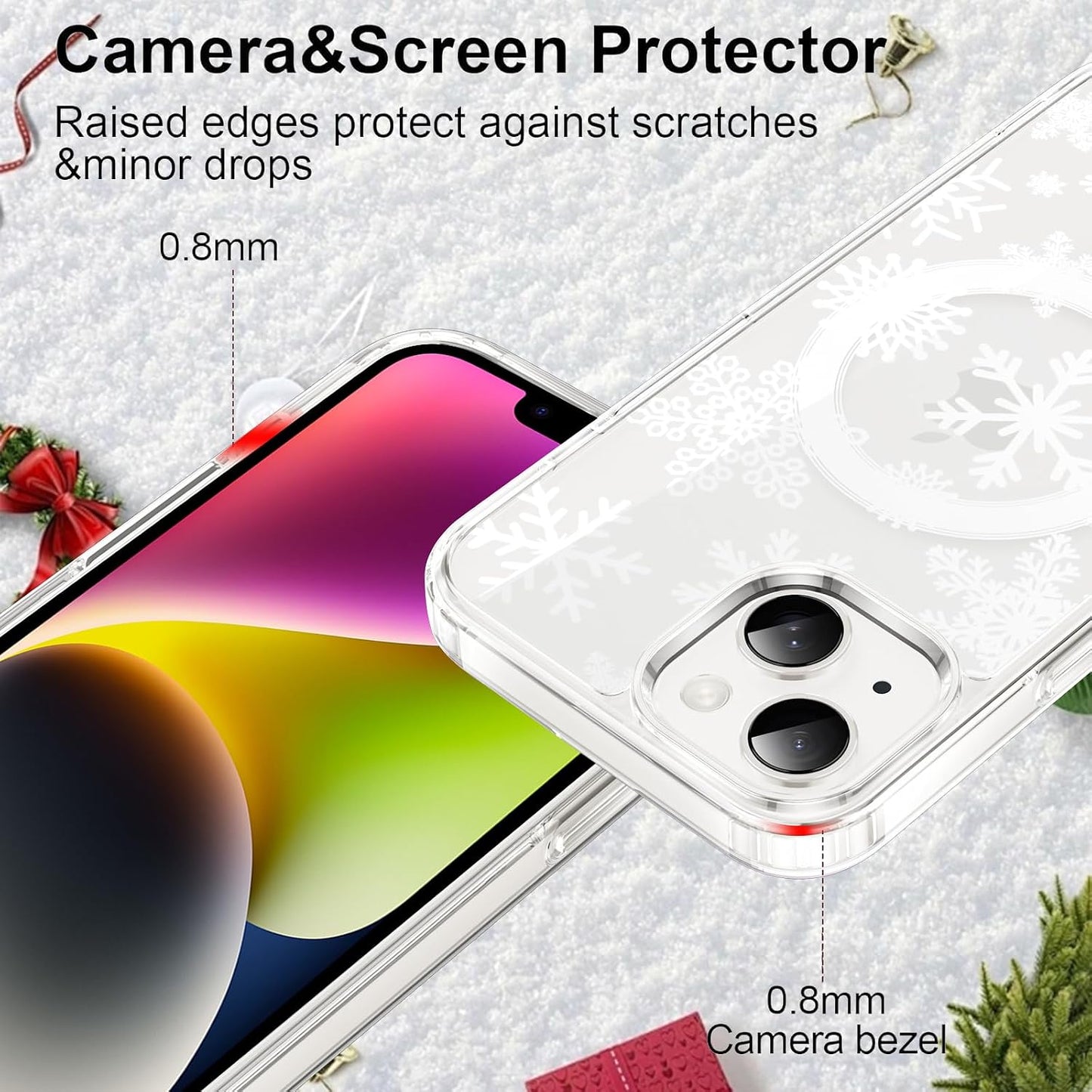 Merry Christmas Snowflake Phone Case for iPhone 13 / iPhone 14 Xmas Clear Magnetic Case 6.1", Compatible with Magsafe, Cute Winter Pattern Design Cover Shockproof Soft TPU Funda for Girl Women