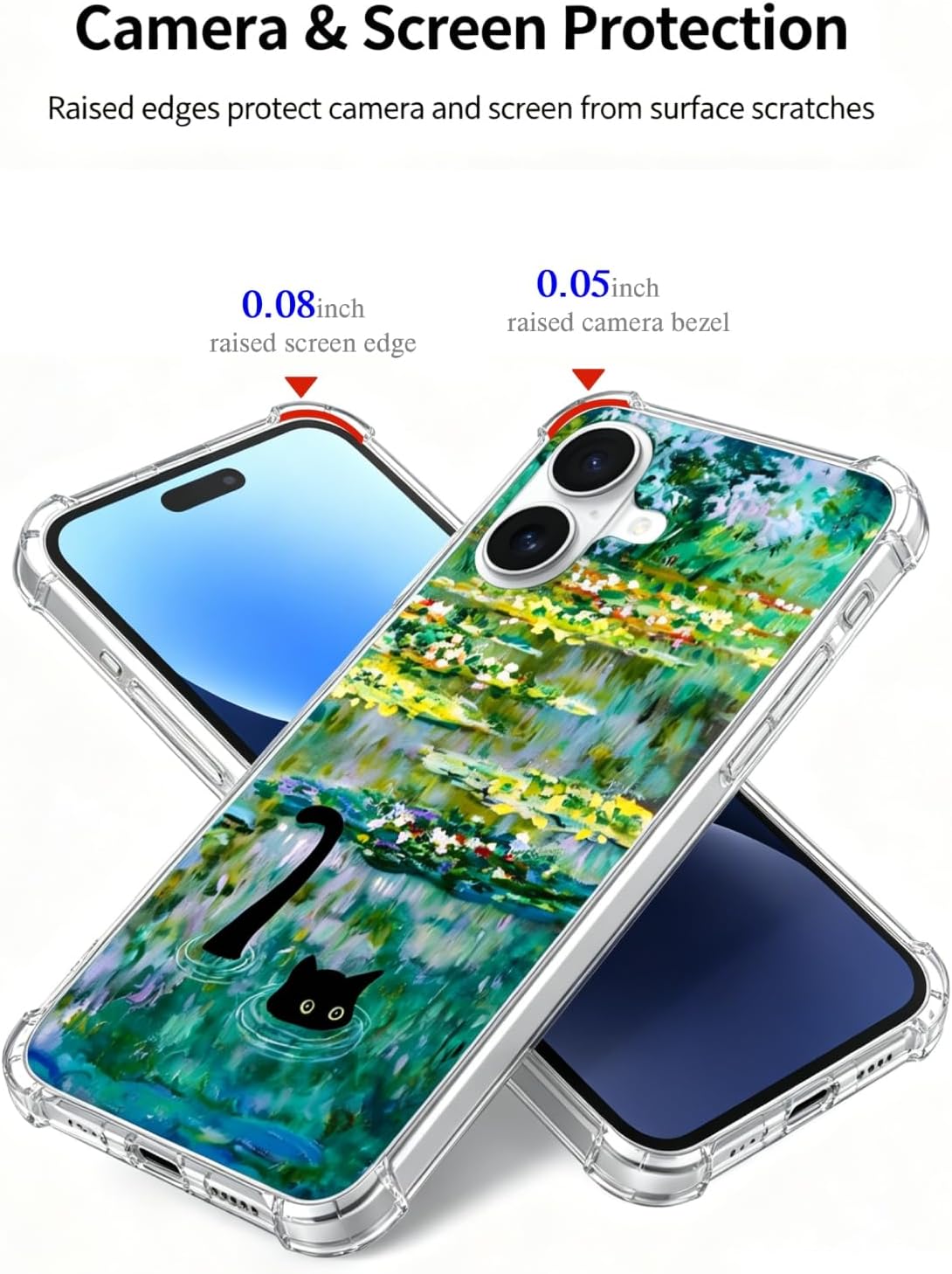 Water Lily Pond Black Cat Phone Case Compatible with iPhone 17, Cute Cat Painting Phone Cover for iPhone 17