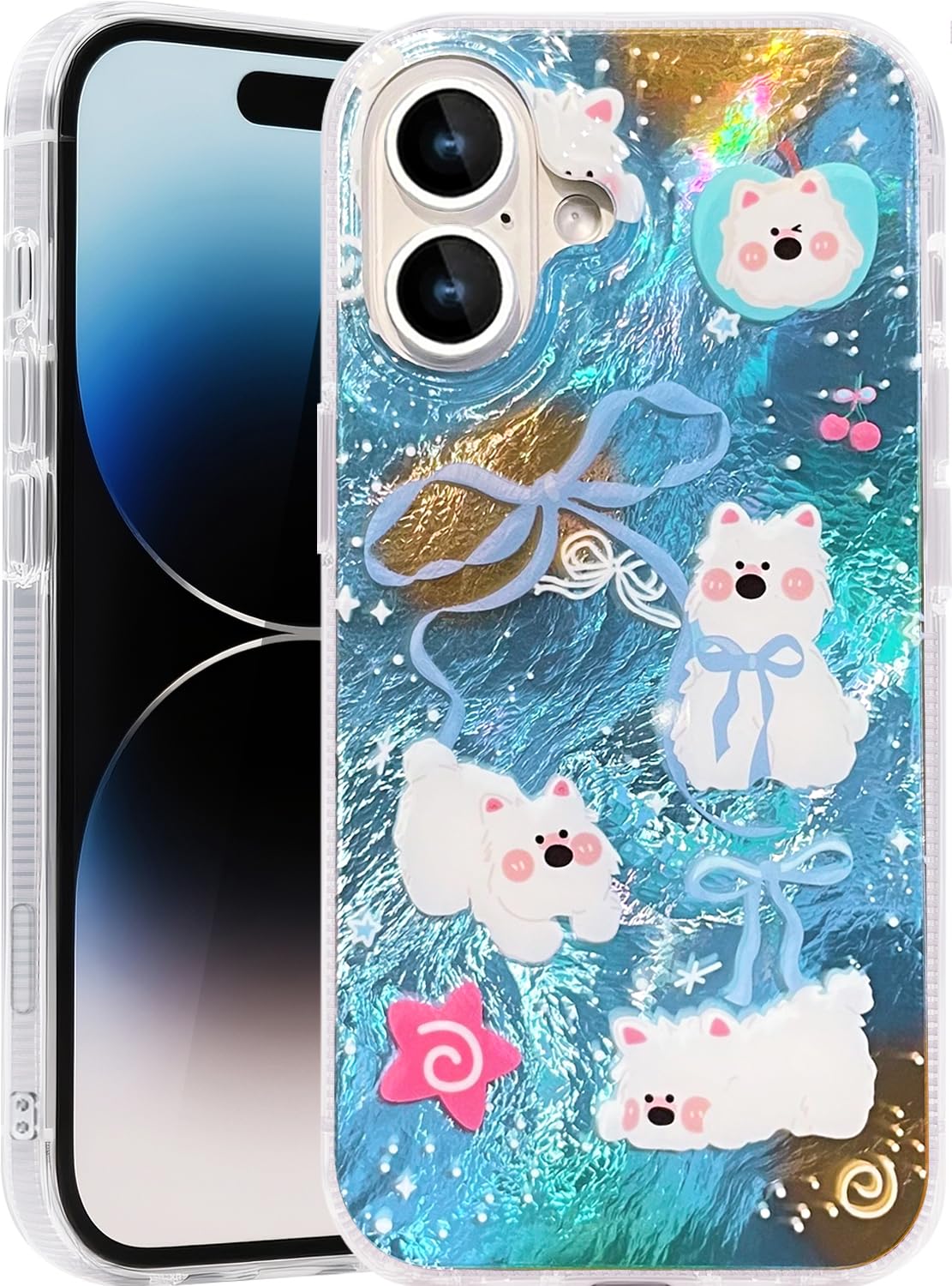Compatible with iPhone 17 Case,with [Soft Slim][Camera Protection] Cute Fishing Cats Shiny Aesthetic Phone Cover Anti-Yellowing Shockproof Protective Cover for Women Girl