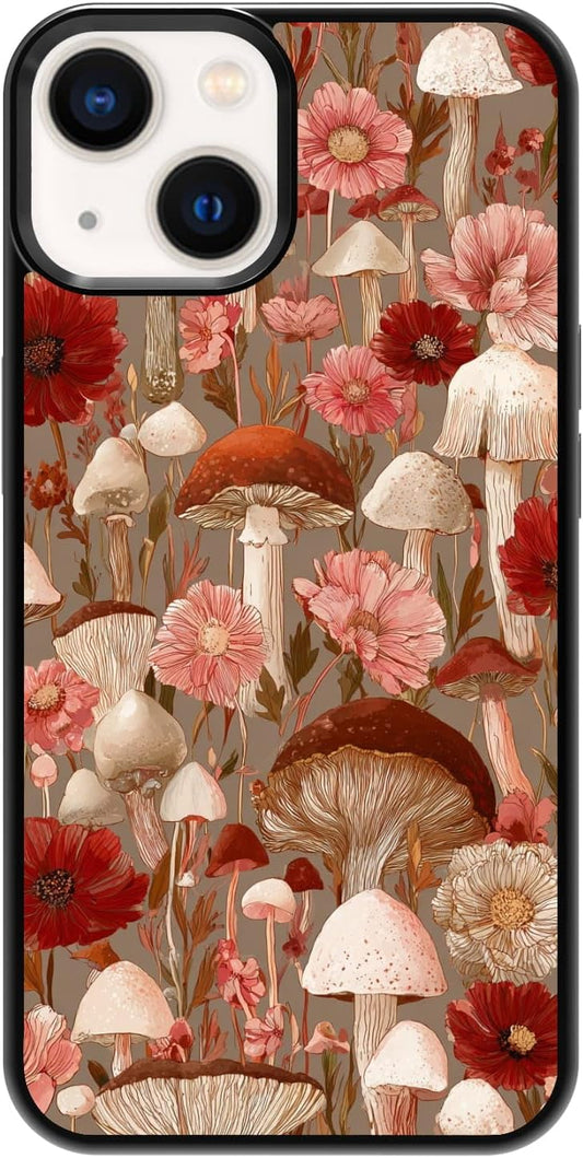 Cottagecore Mushroom Wildflower Botanical Nature Garden Phone Case, Shockproof Protective Cover for iPhone 11 12 13 14 15 16 17 Pro Max Plus Mini XR 7 8 SE