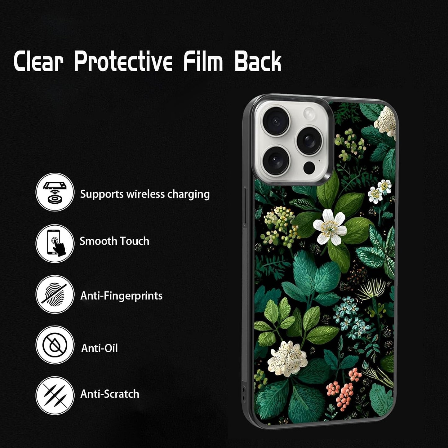 Dark Botanical Wildflower Forest Green Leaf White Blossom Nature Art Phone Case, Shockproof Protective Cover for iPhone 11 12 13 14 15 16 17 Pro Max Plus Mini XR 7 8 SE