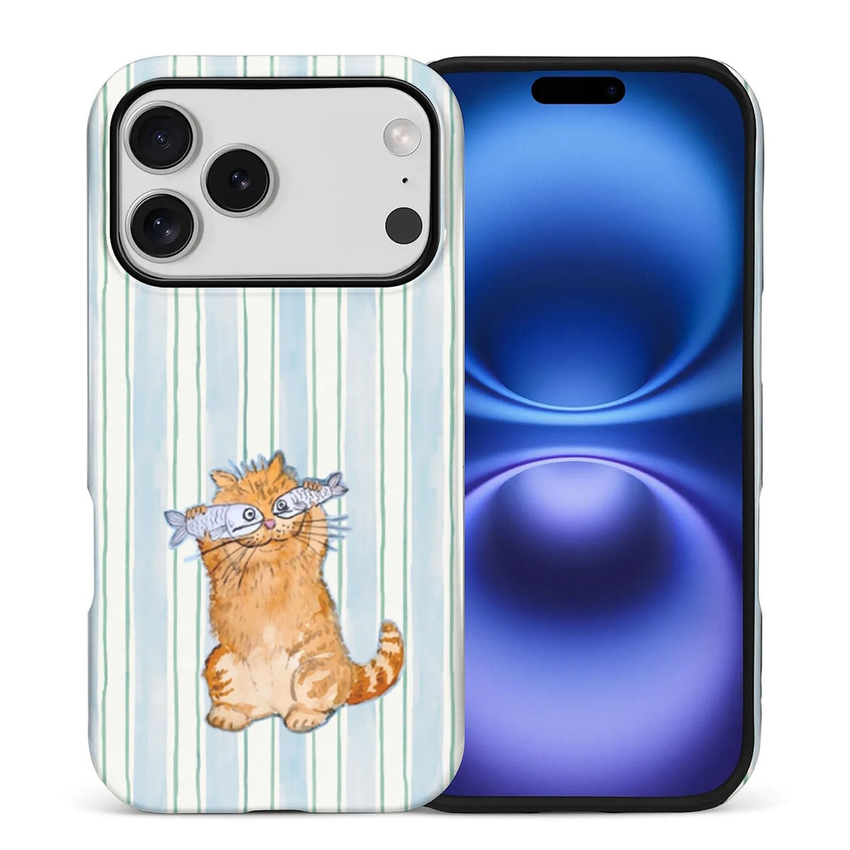 for iPhone 13/14 Case,Hybrid 2-Layer Hard Shell + Silicone Protective Case -Resistant Shockproof- A Naughty Cat with Blue Stripes Eating Fish