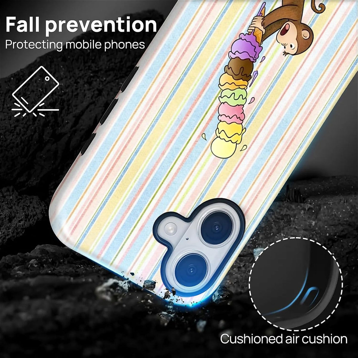 Case Compatible with iPhone 17, Girl Hybrid 2-Layer Hard Shell + Silicone Protective Case -Scratch-Resistant Shockproof - Colorful Stripes A Monkey Eating Ice Cream
