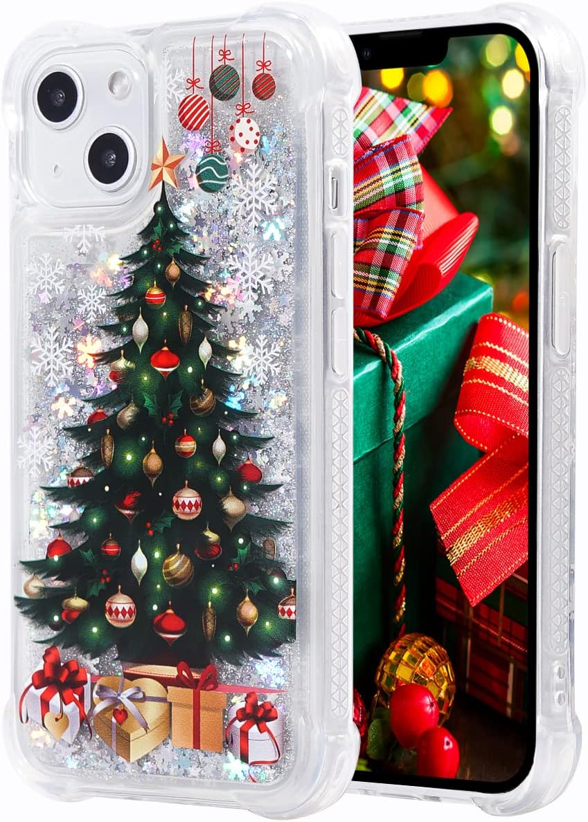 Glitter Christmas Case Compatible with iPhone 13 Glitter Case Christmas Tree Clear Soft TPU Rubber Bumper Girly Women Cute Liquid Holiday Case for iPhone 13 iPhone 14 (Christmas Tree)