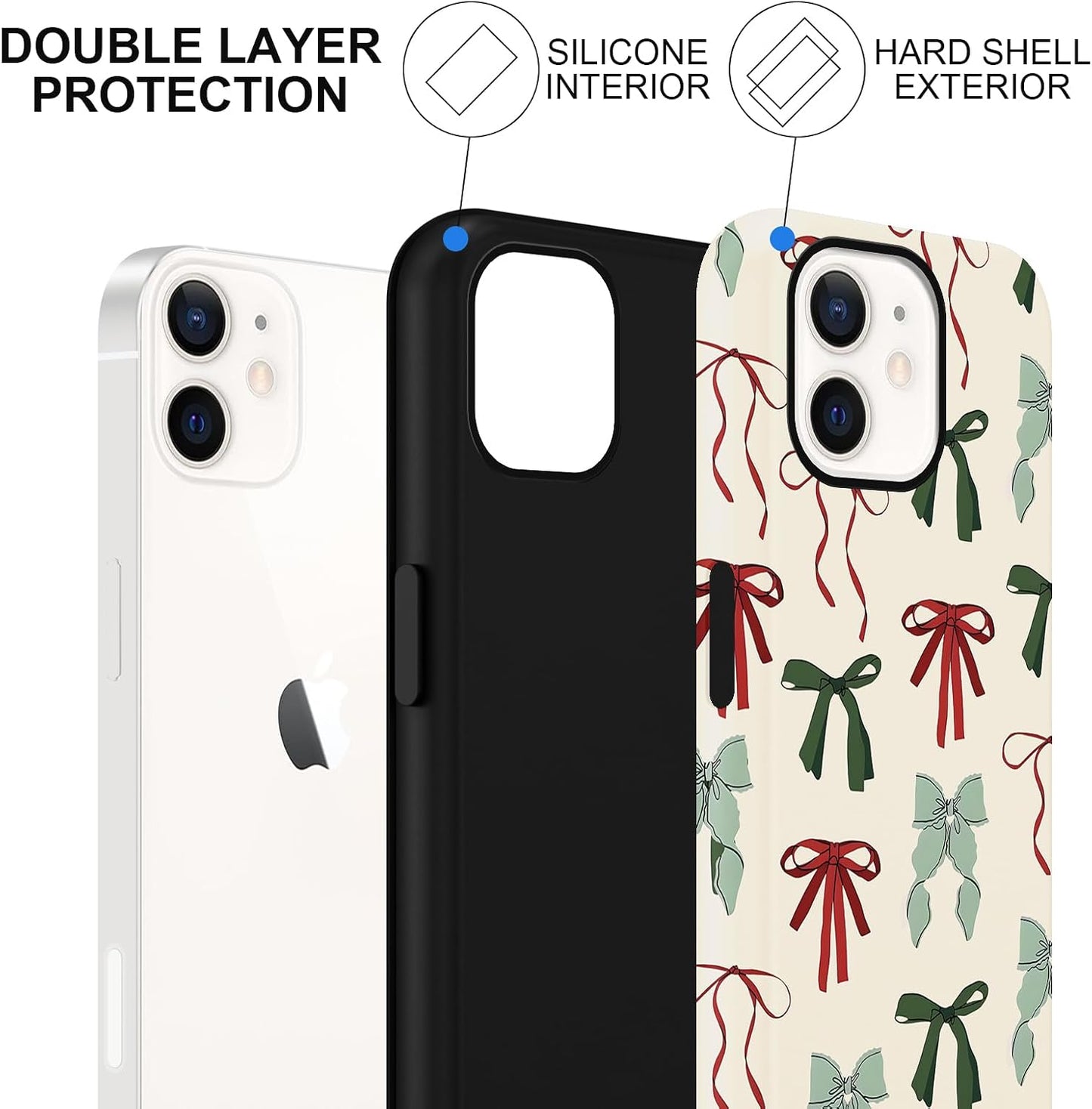 Cute Christmas Bow Phone Case for iPhone 12/12 Pro Case 6.1", Red Green Aesthetic Coquette Preppy Ribbon Bowknot Pattern Design Cover Shockproof Soft TPU Hard PC Protection Girls Women Funda