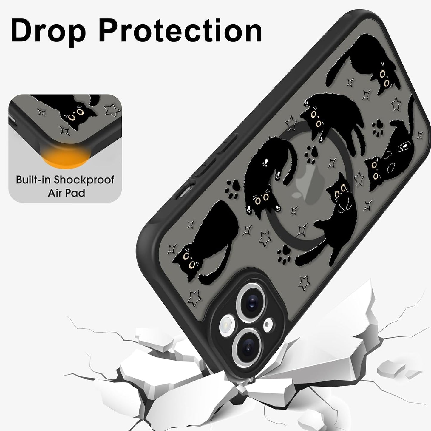 Cute Magnetic Case for iPhone 14 Case, Black Cats Pattern | Compatible with MagSafe, Soft Bumper Hard Back Kawaii Animal Aesthetic Protective Phone Cover Design for Women Girls Boys
