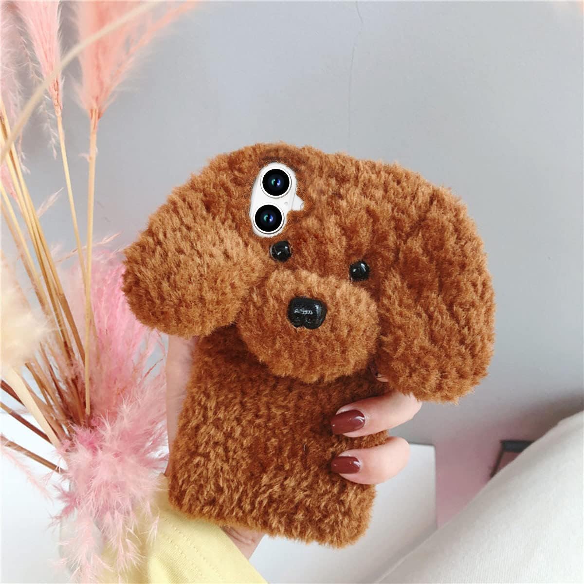 Losin Compatible with iPhone 16 Case Cute Plush Furry Dog Phone Case for Women Girls Girly 3D Cartoon Kawaii Case Soft TPU Shockproof Protective Cover for iPhone 16, Brown