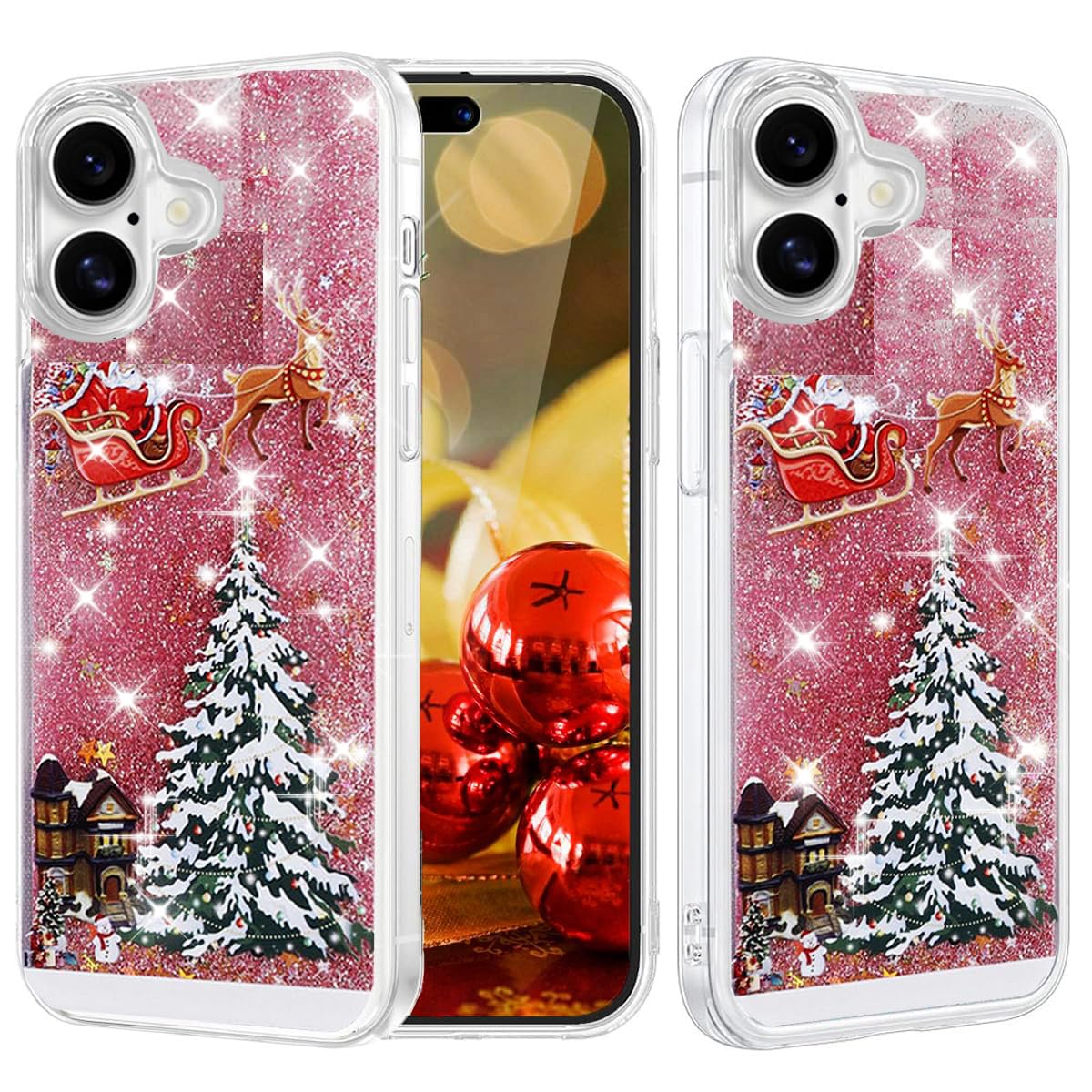 Changjia Glitter Christmas Case for iPhone 17, Cute Christmas Tree Santa Elk Liquid Flowing Floating Moving Bling Sparkle Clear Bumper Shockproof Women Girls Slim Phone Case for iPhone 17 6.3", Silver