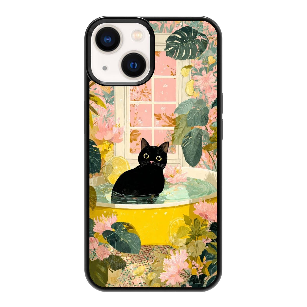 Lush Tropical Monstera Leaves Black Cat Botanical Art Phone Case, Shockproof Protective Cover for iPhone 11 12 13 14 15 16 17 Pro Max Plus Mini XR 7 8 SE