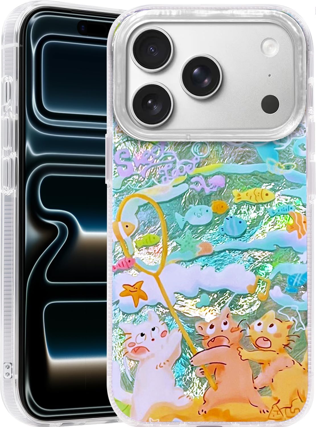 Compatible with iPhone 17 Pro Case,with [Soft Slim][Camera Protection] Cute Fishing Cats Shiny Aesthetic Phone Cover Anti-Yellowing Shockproof Protective Cover for Women Girl