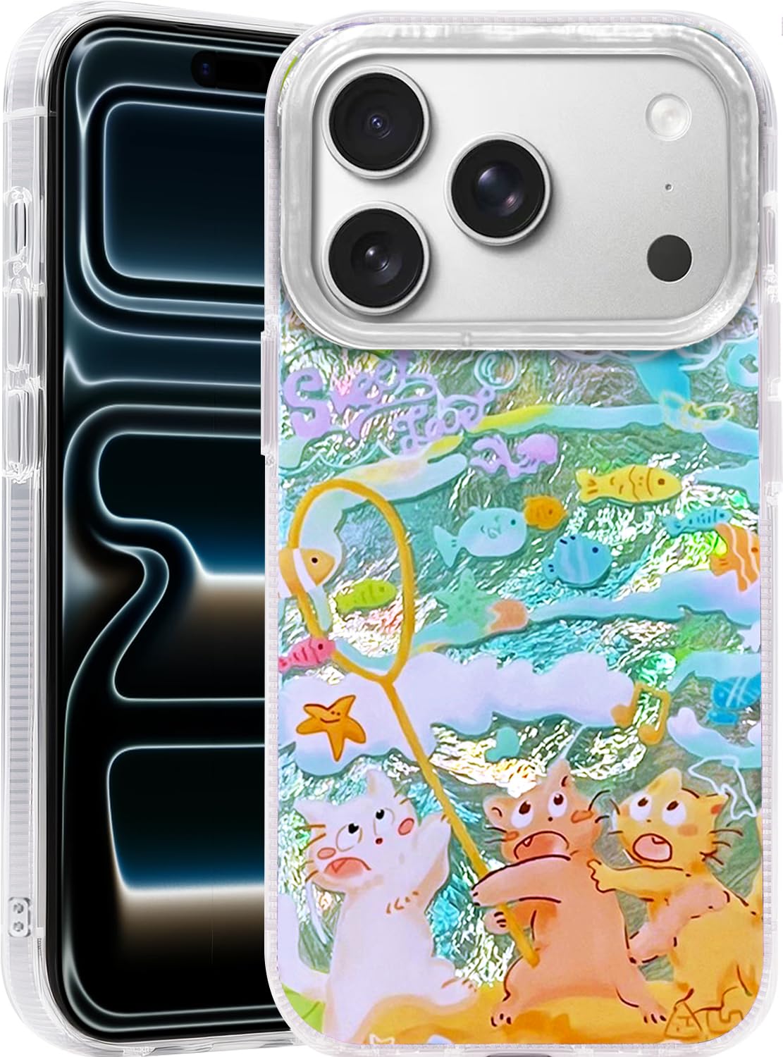 Compatible with iPhone 17 Case,with [Soft Slim][Camera Protection] Cute Fishing Cats Shiny Aesthetic Phone Cover Anti-Yellowing Shockproof Protective Cover for Women Girl