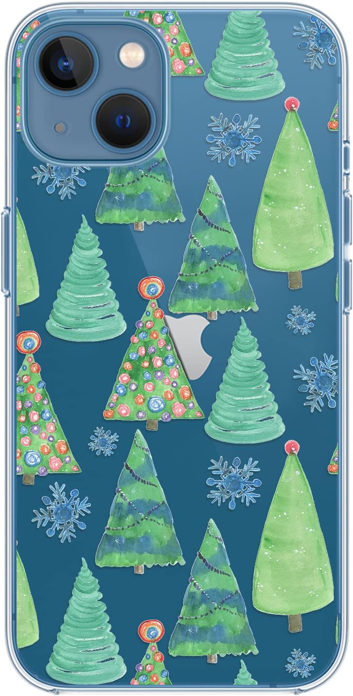 Blingy's for iPhone 13 Case (6.1 inch), Cute Winter Christmas Pattern with Snowflake Design Transparent Soft TPU Protective Clear Case (Christmas Trees)