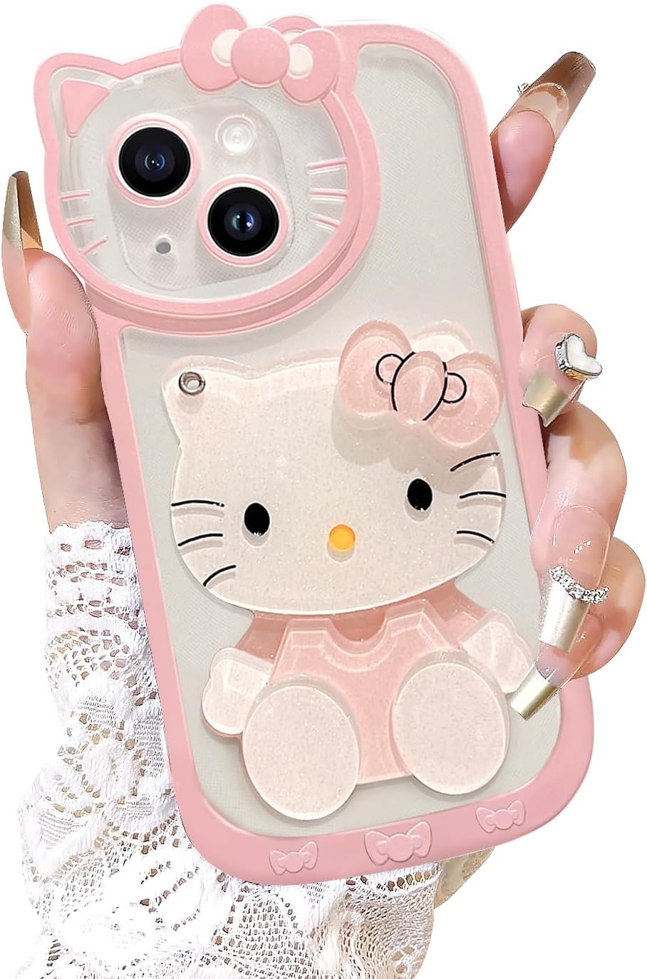 for iPhone 15 Kawaii Cartoon Cute Pink Phone Case，Built-in Makeup Mirror for Women Girls, Soft Transparent Protective Pink Phone Case