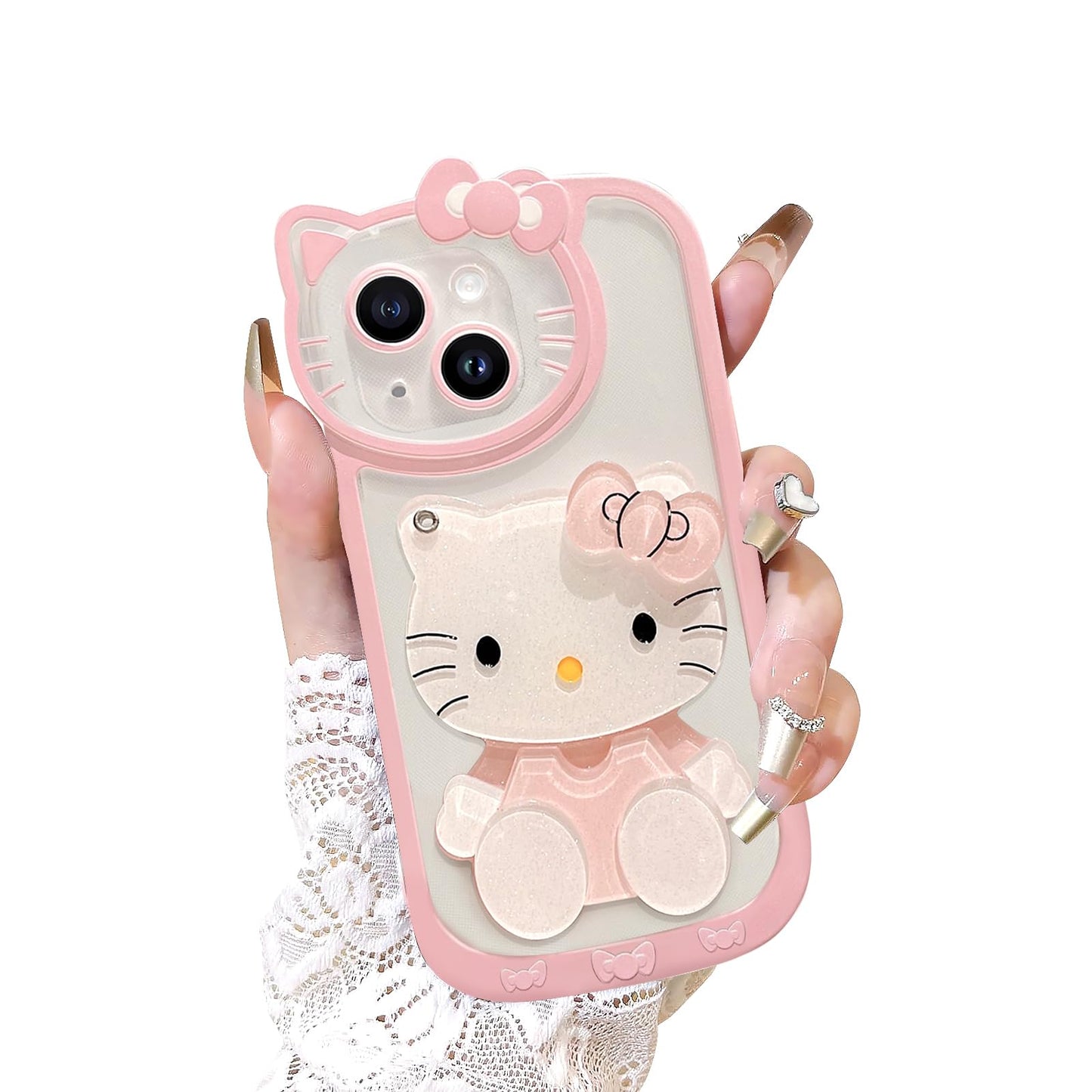 for iPhone 15 Kawaii Cartoon Cute Pink Phone Case，Built-in Makeup Mirror for Women Girls, Soft Transparent Protective Pink Phone Case