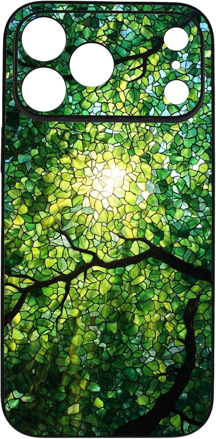 Nature Stained Glass Green Forest Tree Sunlight Phone Case, Shockproof Protective Cover for iPhone 11 12 13 14 15 16 17 Pro Max Plus Mini XR 7 8 SE