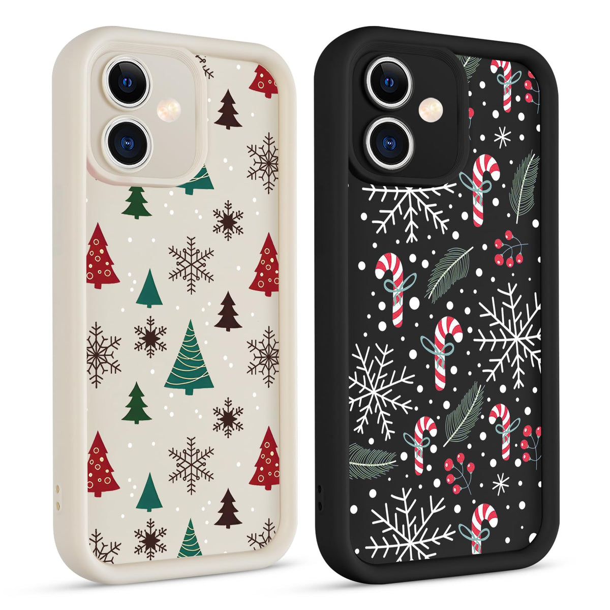 2 Pack Christmas Phone Case for iPhone 12 6.1", Cute Cover with Red Xmas Tree Candy Snowflake Pattern Full Camera Lens Shockproof Soft Silicone Cover for Girl Women