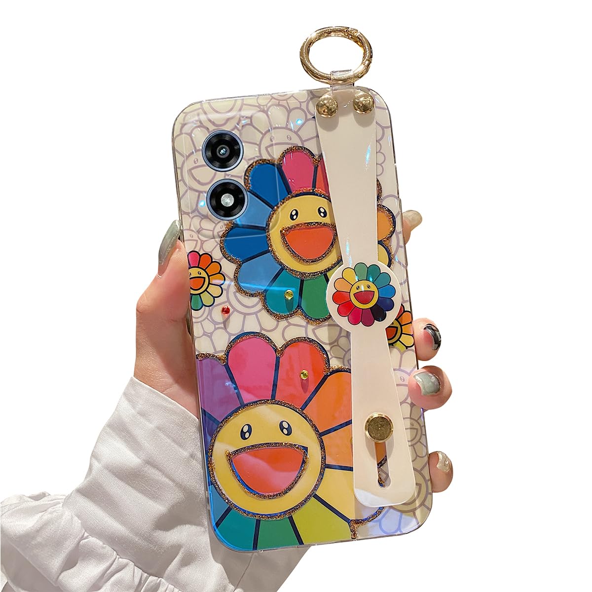 for Motorola Moto G Power 5g 2025 Case 6.8" with Wrist Strap Stand Glitter IMD Cute Kawaii Cartoon Pattern Design Shockproof Protective Phone Cases for Girls & Women - Sunflower