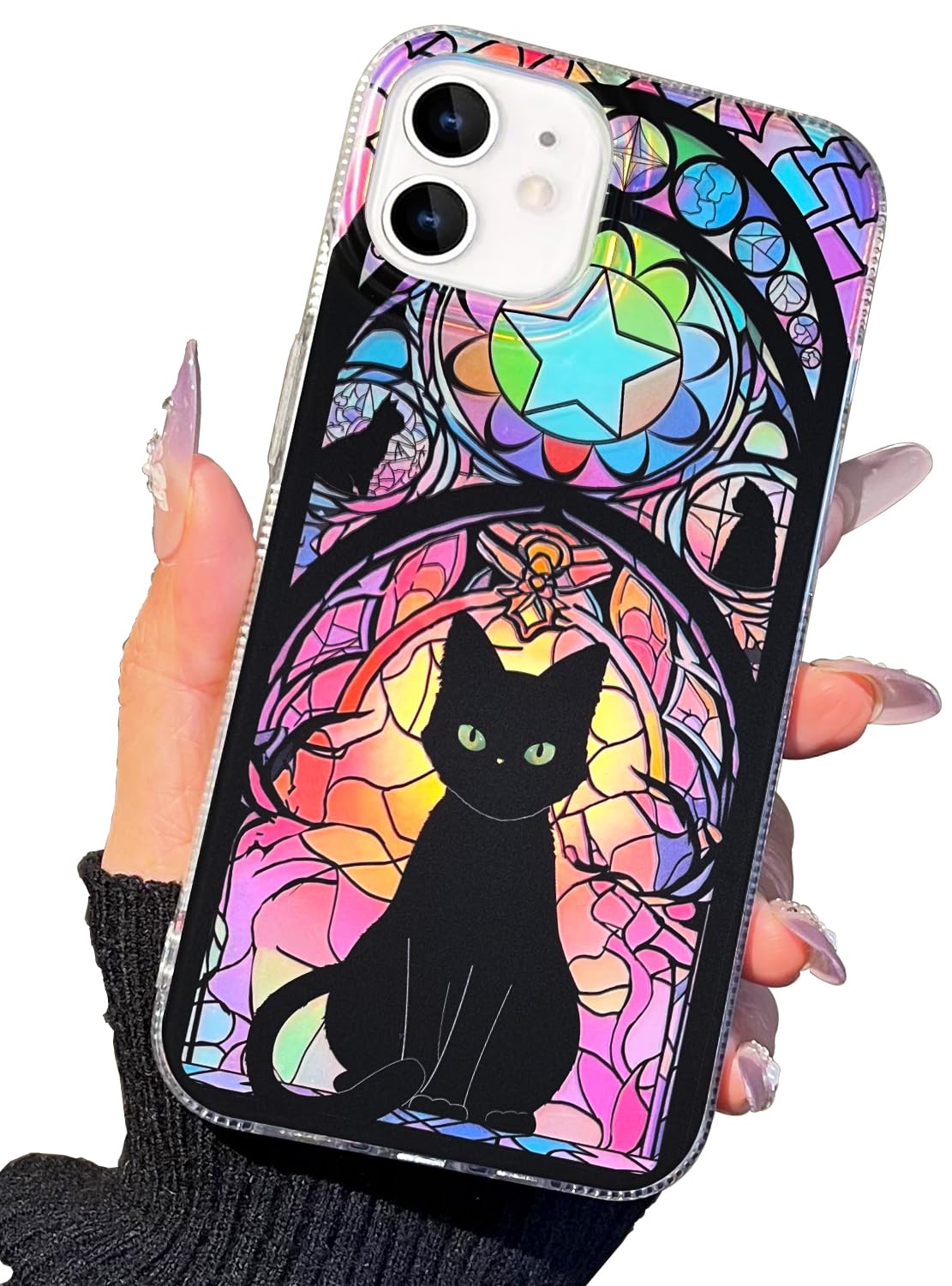 for iPhone 13 Case & iPhone 14 Case Shiny black cat-Purple Design,Cute trendy Soft Slim TPU Shockproof Protective Bumper adorable Phone Cases Cover for Women Girls Aesthetic,iphone 14/13 6.1"