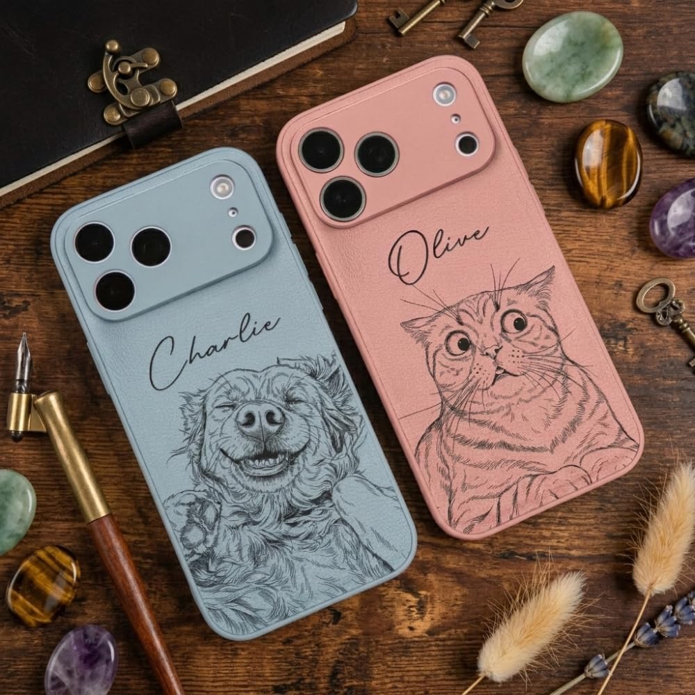 Custom Pet Portrait - Personalized Leather Phone Case, Custom PU Leather Photo Case with Name, Unique Gift for Dog Cat Lovers, Personalized Animal Portrait Phone Cover