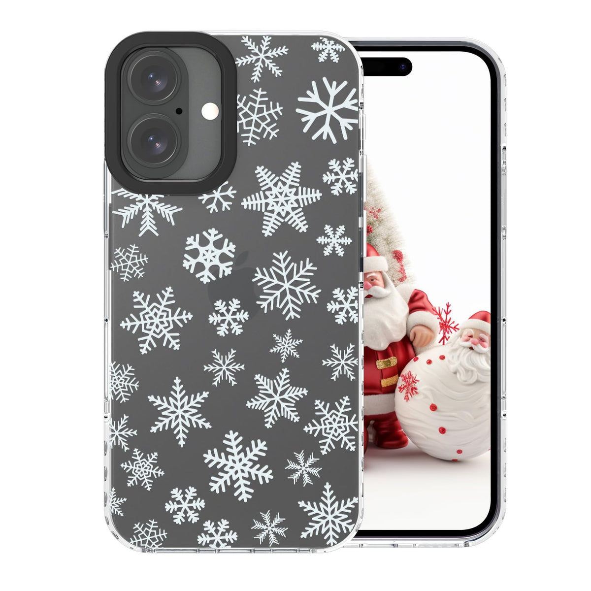 Christmas Phone Case Compatible for iPhone 16 Snowflake Case Clear TPU + Black Camera Frame Protection Winter Phone Cover for Women