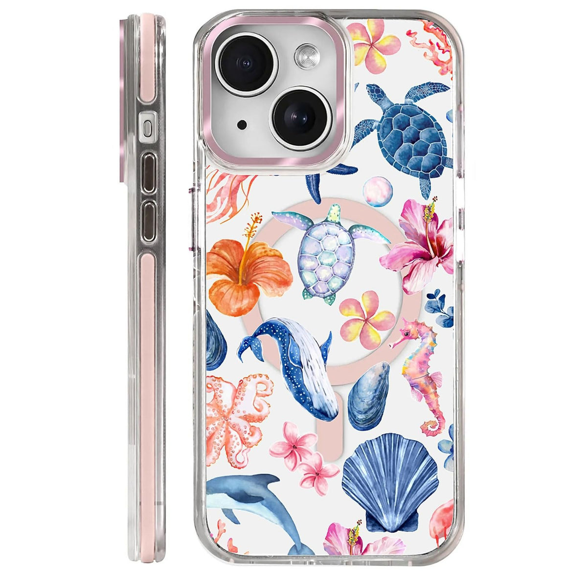 for iPhone 15 Case,Compatible with MagSafe,The Transparent TPU Silicone Protects The Phone Case from Drops, Slips and Fingerprints.Blue Ocean Whale Shark Octopus Turtle Collage