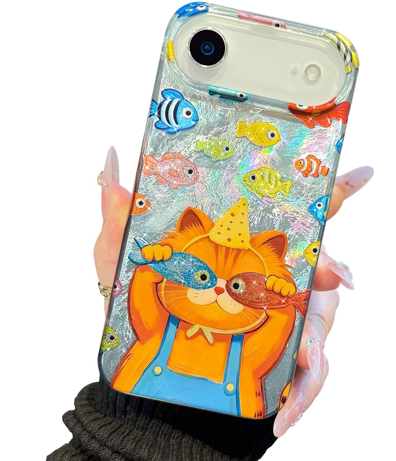Compatible with iPhone 17 Case,with [Soft Slim][Camera Protection] Cute Fishing Cats Shiny Aesthetic Phone Cover Anti-Yellowing Shockproof Protective Cover for Women Girl