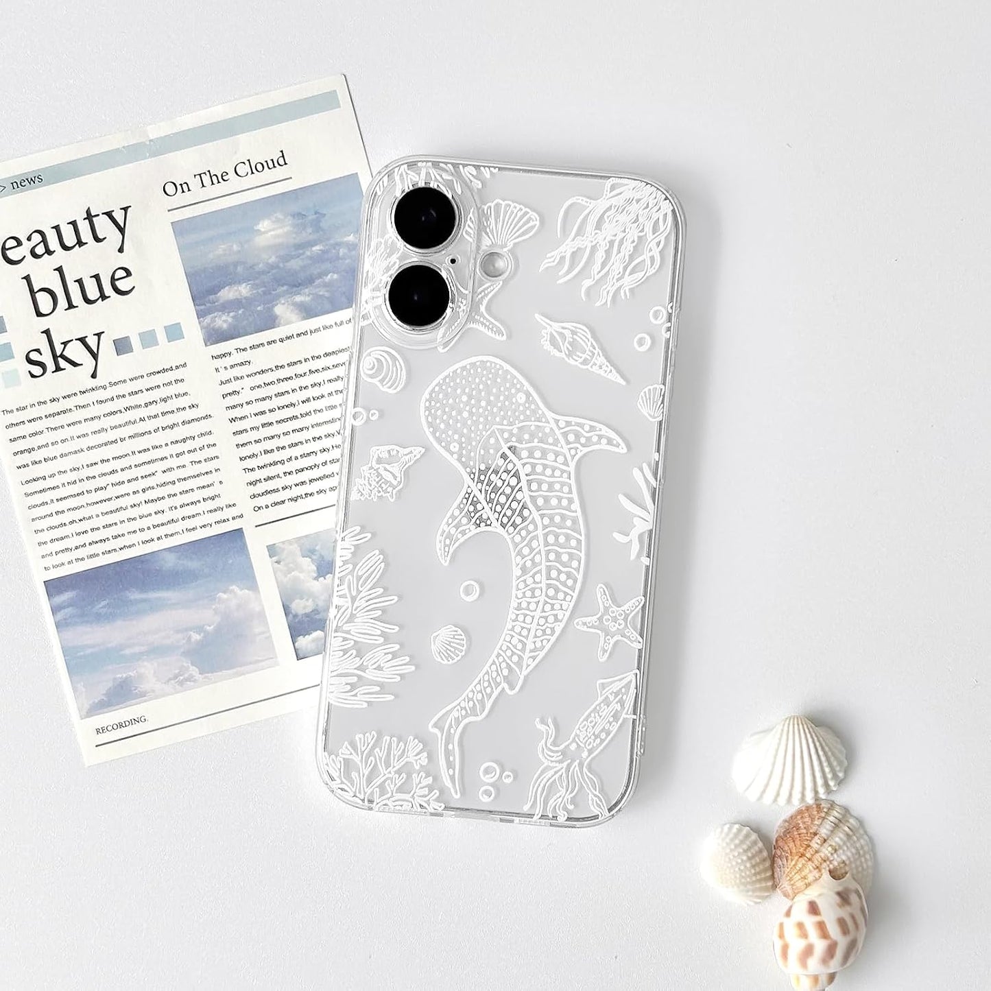 NITITOP Compatible with iPhone 16 Case Clear Sea - White Fish | Cute, Shell whale ocean animal, For women men girls boys, Slim, Soft TPU, Shockproof