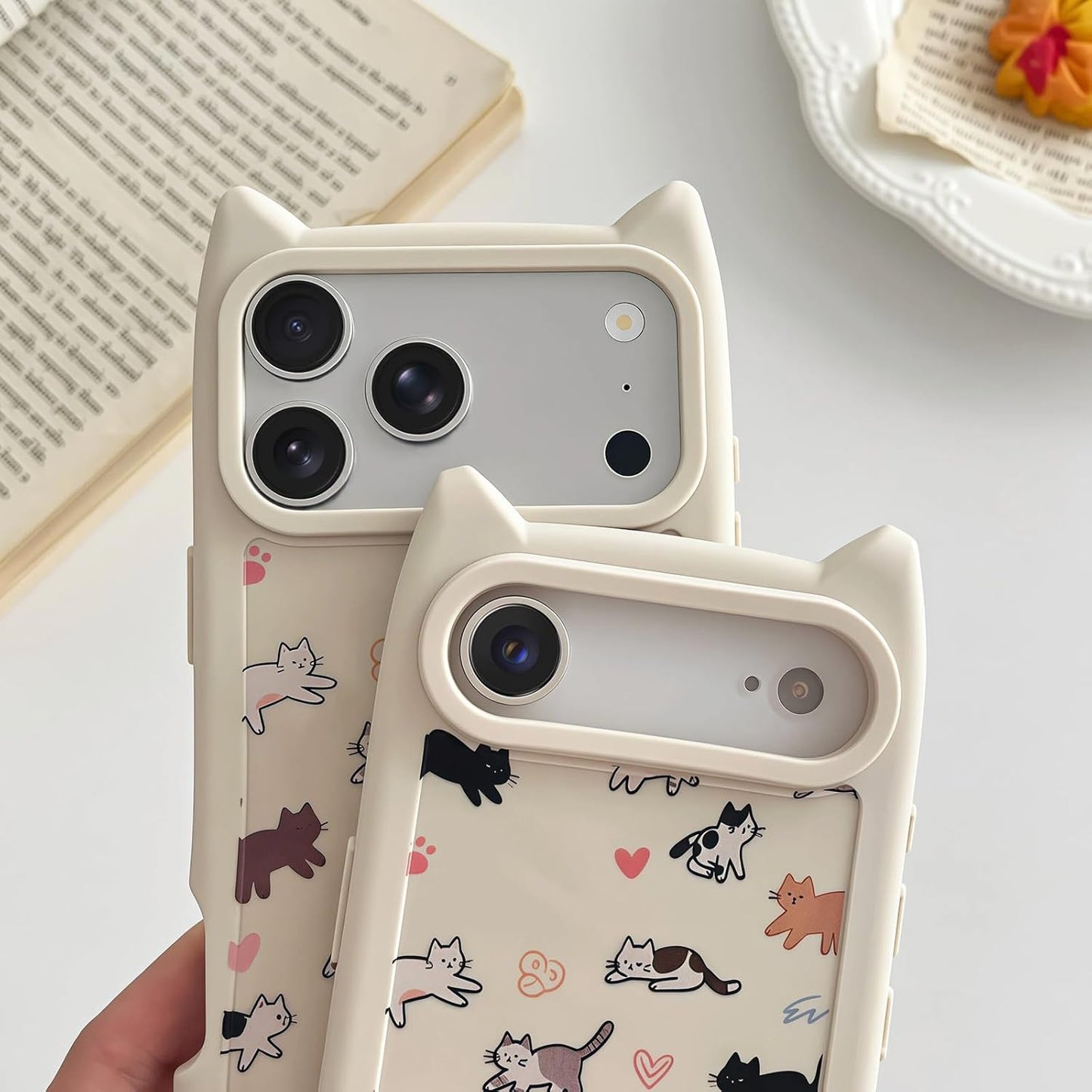 for iPhone 13 Phone Case, Cute 3D Cat Ears and Vintage Hand-Drawn Multi-Cats Heart Cartoon Pattern, with Cat Paw Buttons, Trendy Shockproof Soft Protective Phone Cover, Cat Ears