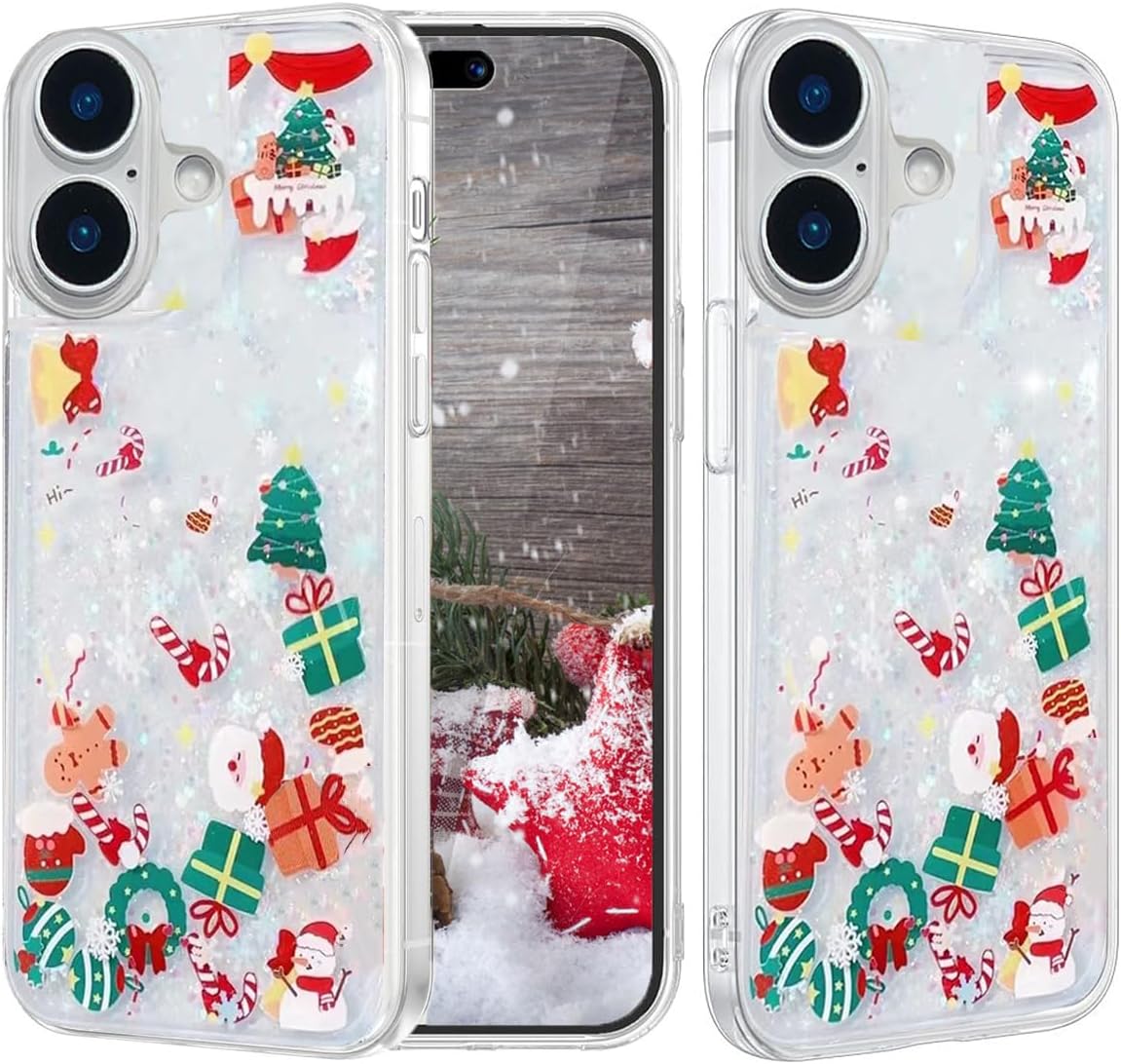 Changjia Glitter Christmas Case for iPhone 16, Cute Merry Christmas Liquid Flowing Moving Xmas Santa Tree Snowman Bling Sparkle TPU Bumper Clear Shockproof Women Girls Case for iPhone 16 6.1" (Clear)