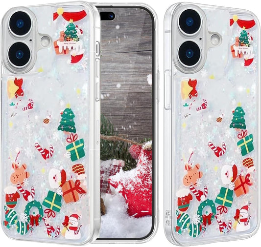 Changjia Glitter Christmas Case for iPhone 16, Cute Merry Christmas Liquid Flowing Moving Xmas Santa Tree Snowman Bling Sparkle TPU Bumper Clear Shockproof Women Girls Case for iPhone 16 6.1" (Clear)
