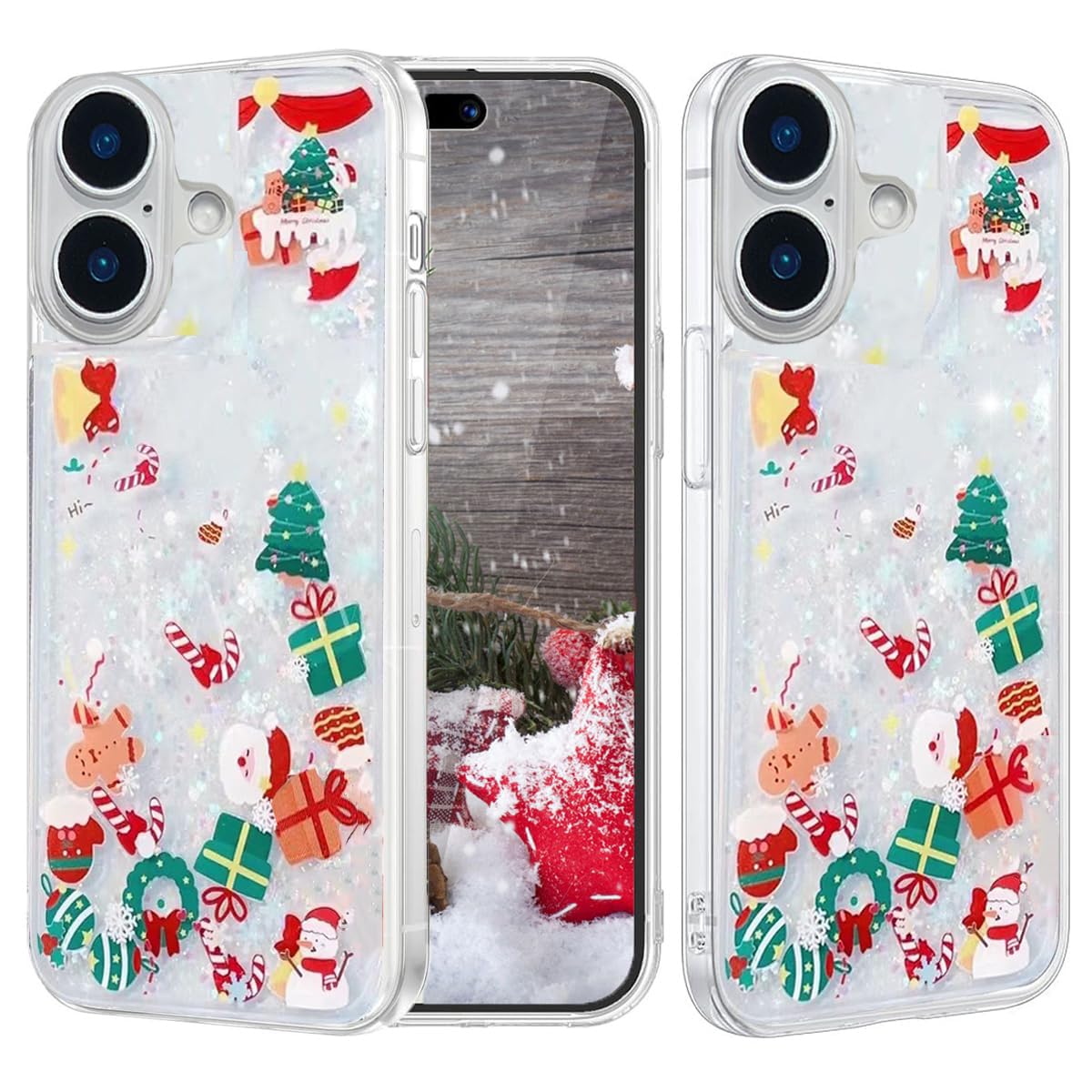 Changjia Glitter Christmas Case for iPhone 16, Cute Merry Christmas Liquid Flowing Moving Xmas Santa Tree Snowman Bling Sparkle TPU Bumper Clear Shockproof Women Girls Case for iPhone 16 6.1" (Clear)