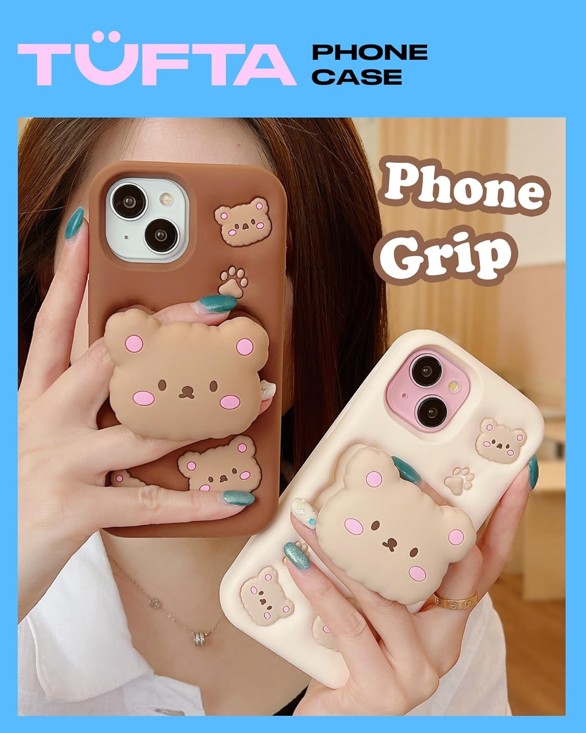 for iPhone 17 Pro Max Case, Kawaii Teddy Bear Pop-Up Grip for Girls | Makes Mirror Selfies Sweeter, Cute Girly 3D Animal Style with Stand, Soft Silicone Drop Protection