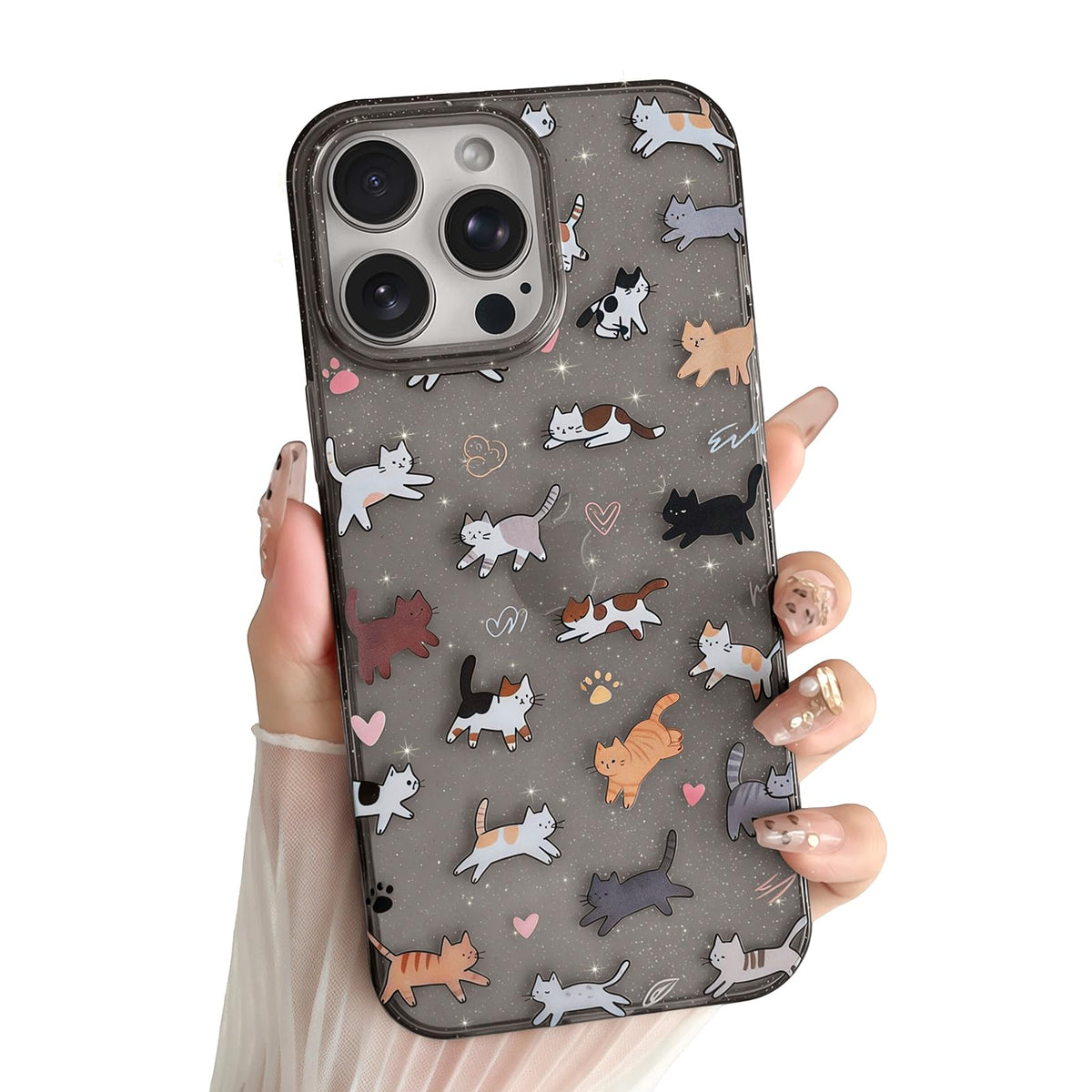 for iPhone 13 Phone Case, Cute 3D Cat Ears and Vintage Hand-Drawn Multi-Cats Heart Cartoon Pattern, with Cat Paw Buttons, Trendy Shockproof Soft Protective Phone Cover, Cat Ears