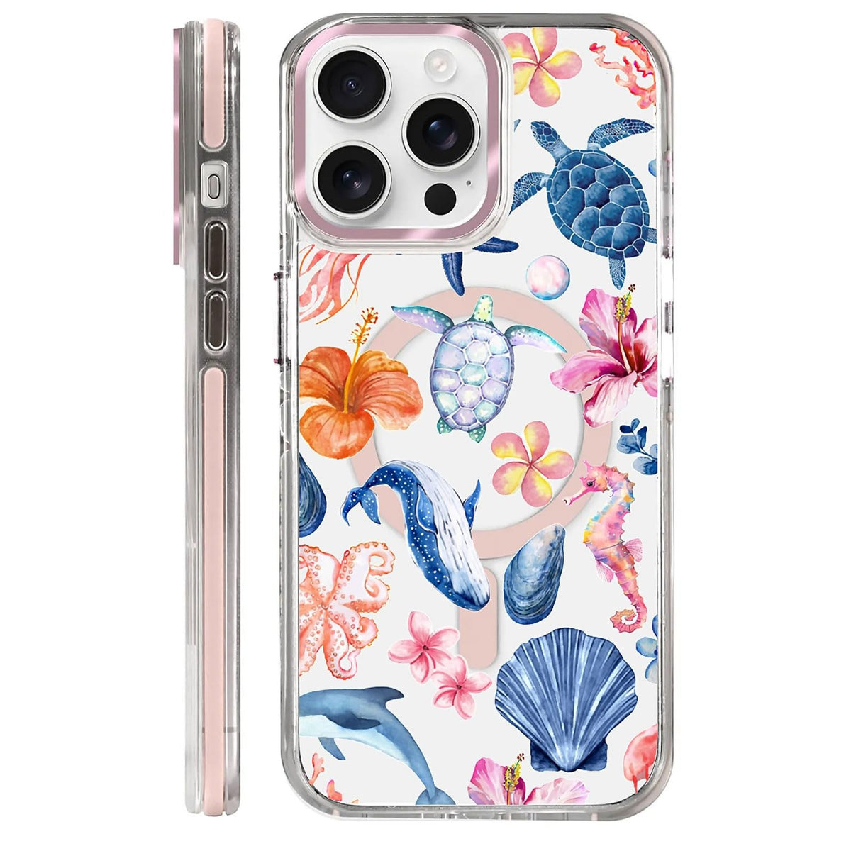 for iPhone 15 Case,Compatible with MagSafe,The Transparent TPU Silicone Protects The Phone Case from Drops, Slips and Fingerprints.Blue Ocean Whale Shark Octopus Turtle Collage