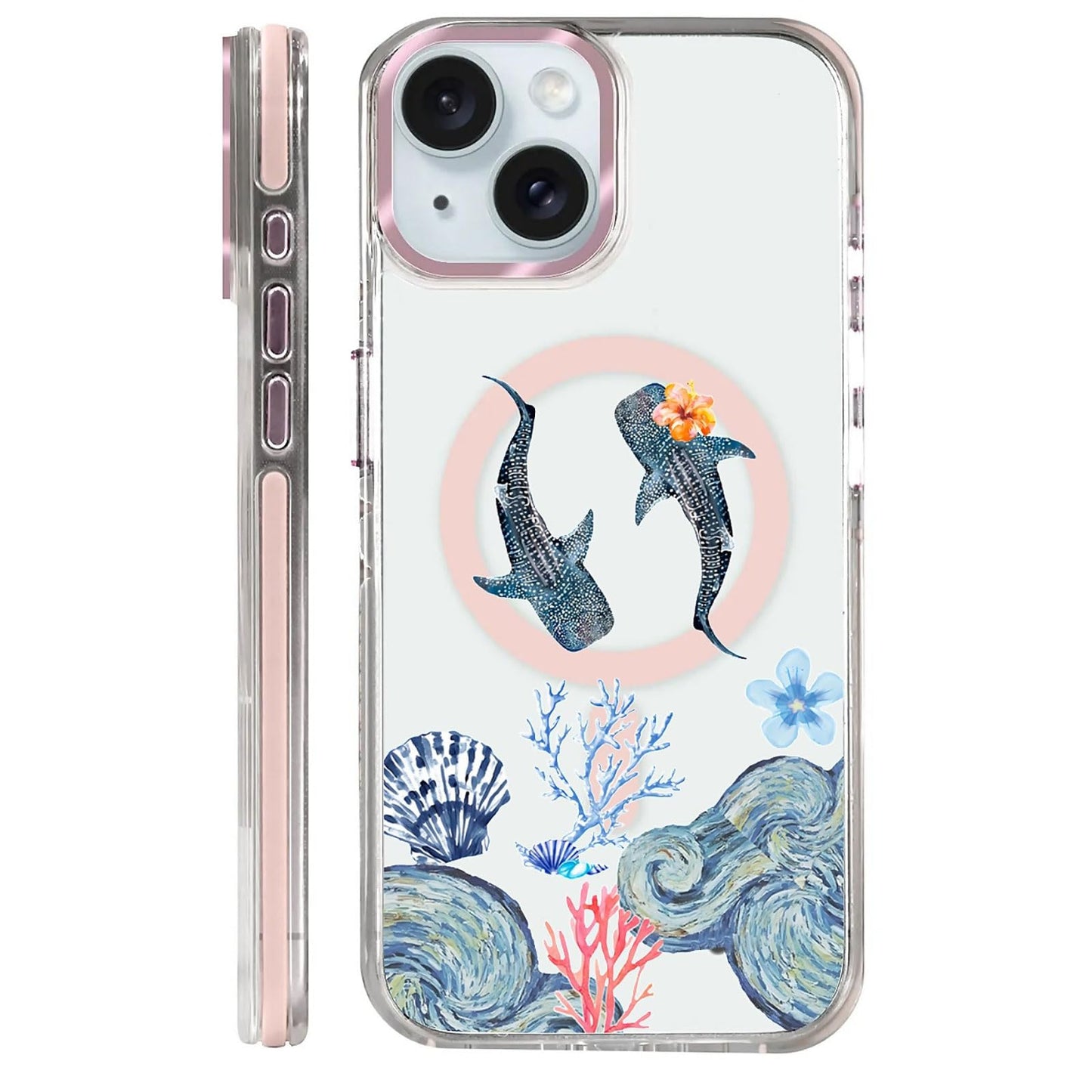 for iPhone 15 Case,Compatible with MagSafe,The Transparent TPU Silicone Protects The Phone Case from Drops, Slips and Fingerprints.Blue Ocean Whale Shark Octopus Turtle Collage
