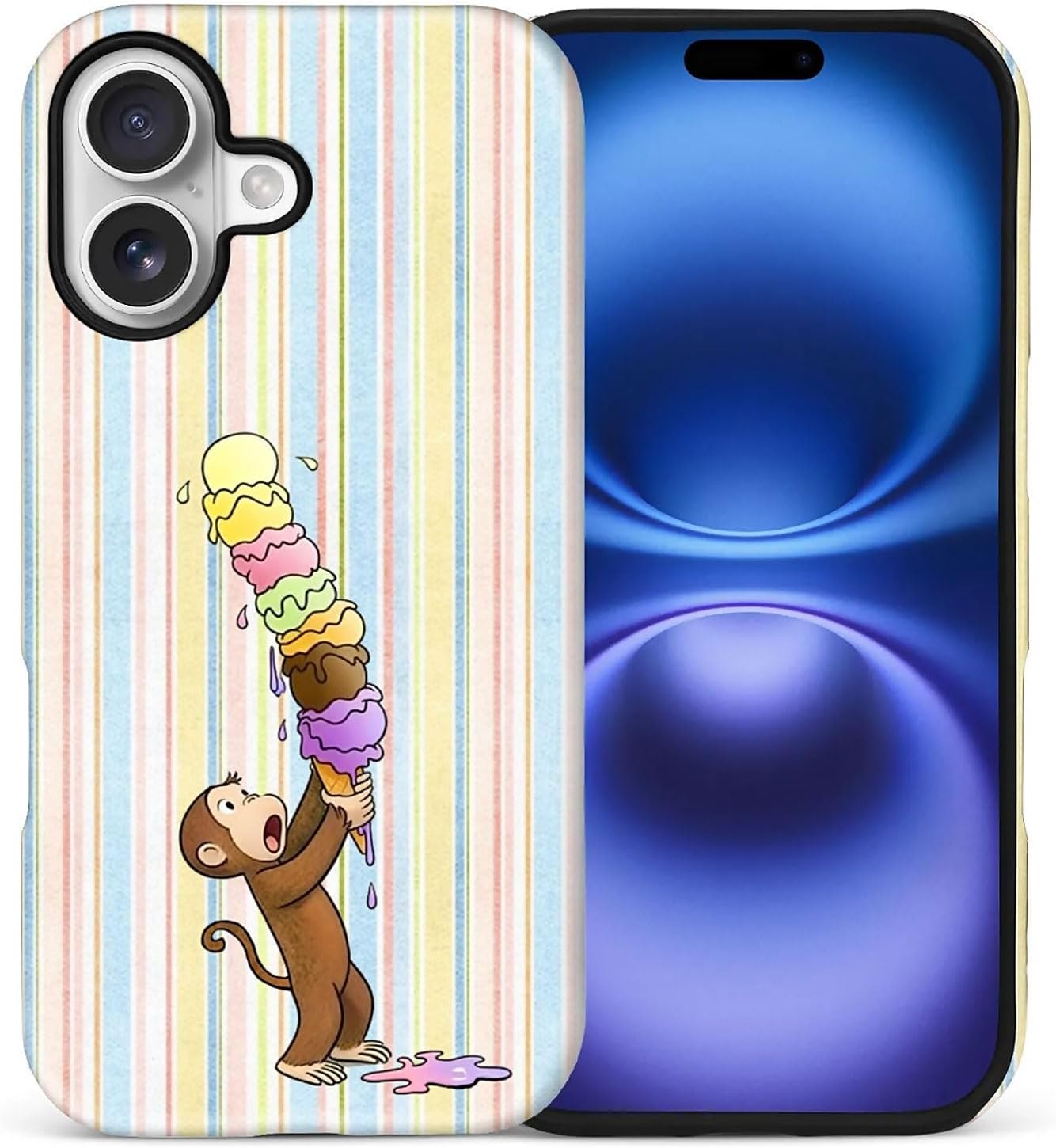 Case Compatible with iPhone 17, Girl Hybrid 2-Layer Hard Shell + Silicone Protective Case -Scratch-Resistant Shockproof - Colorful Stripes A Monkey Eating Ice Cream