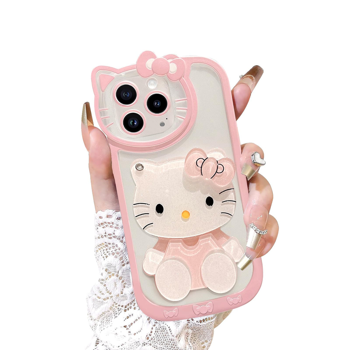 for iPhone 15 Kawaii Cartoon Cute Pink Phone Case，Built-in Makeup Mirror for Women Girls, Soft Transparent Protective Pink Phone Case