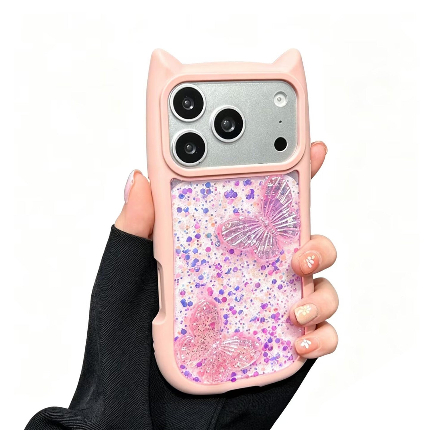 Compatible with 17 Case Cute Kawaii 3D Cat Ears Clear Glitter Shiny Bling Sparkly Soft Silicone Shockproof Protective Phone Case Cover for Girls Women-Transparent