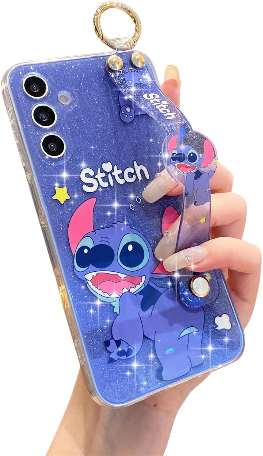 for Samsung Galaxy A16 5G Case with Wrist Strap Kickstand Cute Glitter Cartoon Camera Lens Protector Shockproof Protective Cover for Women Girls (Stit 1)